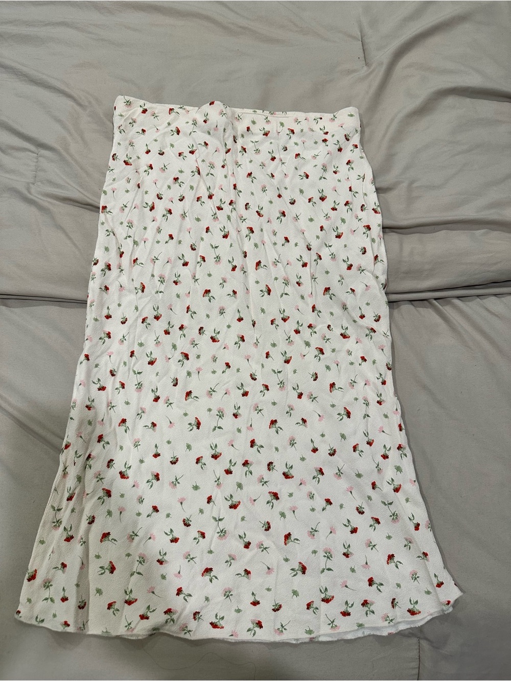 H&M White Midi Skirt with Red & Green Floral Print